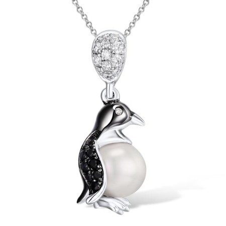 Sterling Silver w/ Black White Plating Pendant Fresh Water White Pearl,White Cubic Zirconia,Black spinel (P307621BSFZSK925)