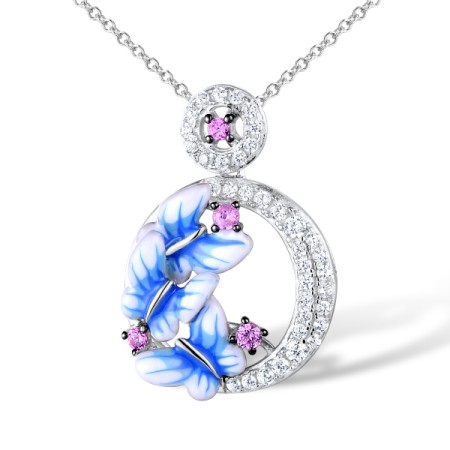 Sterling Silver w/ Black White Plating Pendant Enamel,White Cubic Zirconia,Created Pink Sapphire (P308012ENA1SK925)