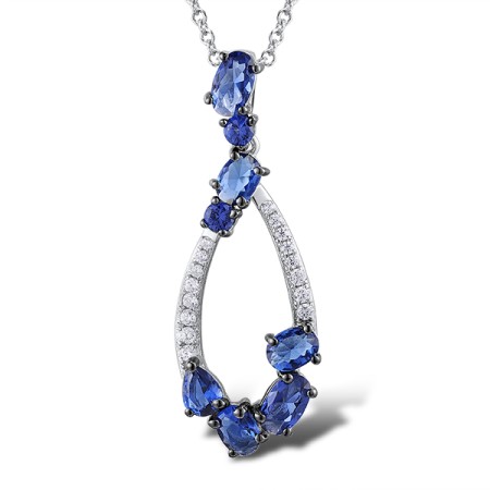 Sterling Silver w/ Black White Plating Pendant Blue Nano Cubic Zirconia,White Cubic Zirconia,Blue Glass (P308529BLNZSK925)