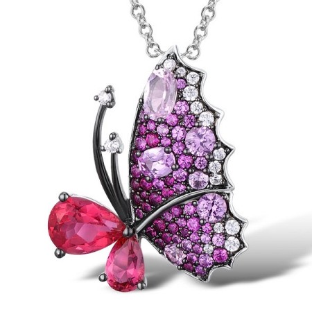 Sterling Silver w/ Black White Plating Pendant Created Pink Sapphire,Created Ruby,Pink Glass,White Cubic Zirconia (P308817MULSK925)