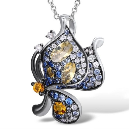 Sterling Silver w/ Black White Plating Pendant Blue Spinel,White Cubic Zirconia,Yellow Glass,Yellow Nano Cubic Zirconia (Ci (P308818MULSK925)