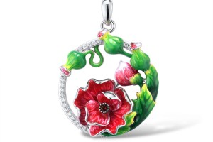 Sterling Silver w/ Black White Plating Pendant Enamel,Garnet Nano Cubic Zirconia,White Cubic Zirconia (P310785ENASK925)