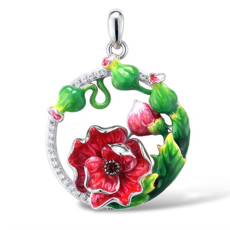 Sterling Silver w/ Black White Plating Pendant Enamel,Garnet Nano Cubic Zirconia,White Cubic Zirconia (P310785ENASK925)