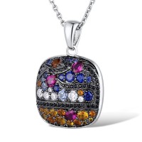 Sterling Silver w/ Black White Plating Pendant Black spinel,Blue Spinel,Created Ruby,Created Sapphire,White Cubic Zirconia,Yellow Nano Cubic Zirconia (Ci (P311069MULSK925)