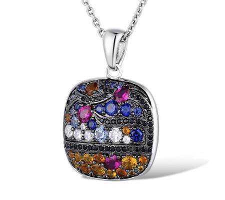 Sterling Silver w/ Black White Plating Pendant Black spinel,Blue Spinel,Created Ruby,Created Sapphire,White Cubic Zirconia,Yellow Nano Cubic Zirconia (Ci (P311069MULSK925)