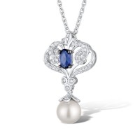 Sterling Silver w/ Black White Plating Pendant Blue Glass,Fresh Water White Pearl,White Cubic Zirconia (P311076BGFZSK925)