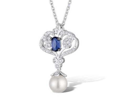 Sterling Silver w/ Black White Plating Pendant Blue Glass,Fresh Water White Pearl,White Cubic Zirconia (P311076BGFZSK925)