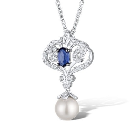 Sterling Silver w/ Black White Plating Pendant Blue Glass,Fresh Water White Pearl,White Cubic Zirconia (P311076BGFZSK925)