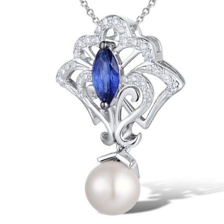 Sterling Silver w/ Black White Plating Pendant Blue Glass,Fresh Water White Pearl,White Cubic Zirconia (P311077BGFZSK925)