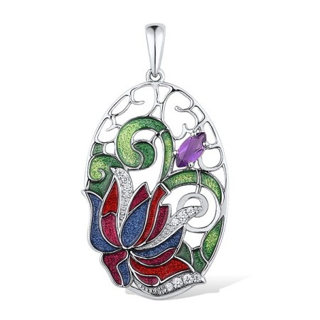 Sterling Silver Pendant Amethyst,Enamel,White Cubic Zirconia (P311847ENASL925)