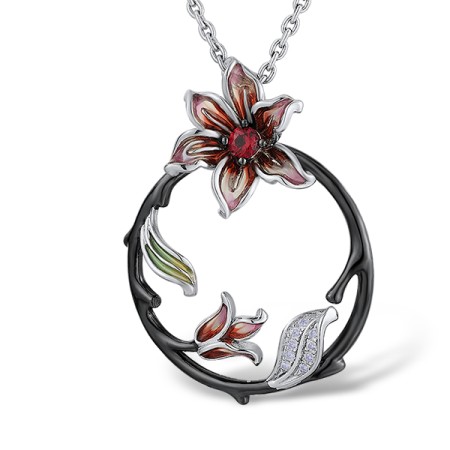 Sterling Silver w/ Black White Plating Pendant Created Ruby,Enamel,White Cubic Zirconia (P311881ENASK925)