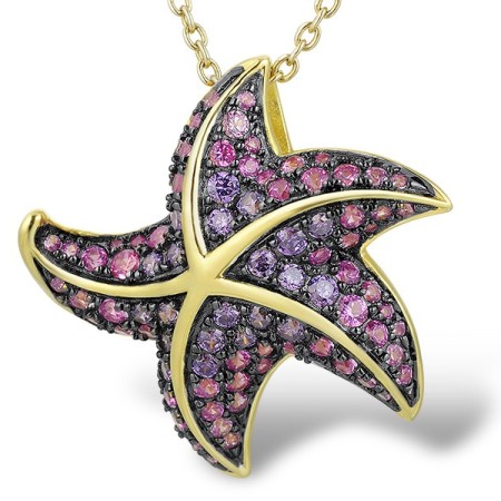 Sterling Silver w/ Yellow Black Plating Pendant Amethyst Cubic Zirconia,Created Pink Sapphire (P312821AZCPSC925)