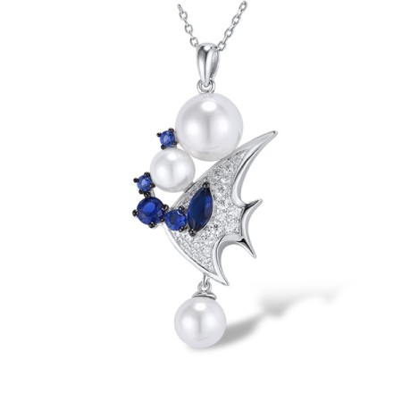 Sterling Silver w/ Black White Plating Pendant Blue Glass,Blue Nano Cubic Zirconia,White Cubic Zirconia,White Shell Beads (P312828MULSK925)