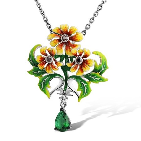 Sterling Silver w/ Black White Plating Pendant Chocolate CZ,Enamel,Green Glass,White Cubic Zirconia (P313731ENASK925)