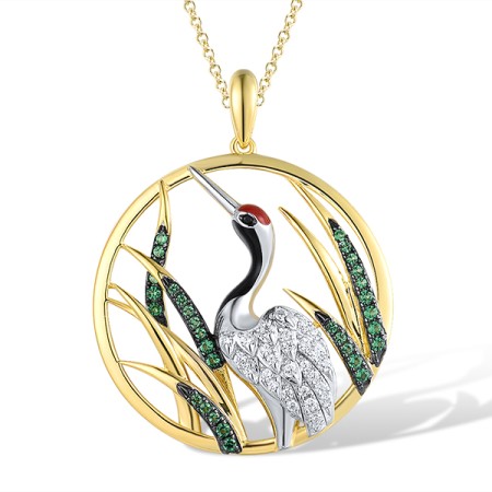 Sterling Silver w/ Yellow Black White Plating Pendant White Cubic Zirconia,Black spinel,Enamel,Green Spinel (P313754ENASZ925)