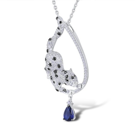 Sterling Silver w/ Black White Plating Pendant Blue Glass,White Cubic Zirconia,Black spinel (P313759BSBZSK925)