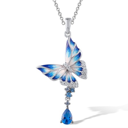 Sterling Silver w/ Black White Plating Pendant Enamel,Synthetic Blue Spinel,White Cubic Zirconia without chain (P313782ENASK925)