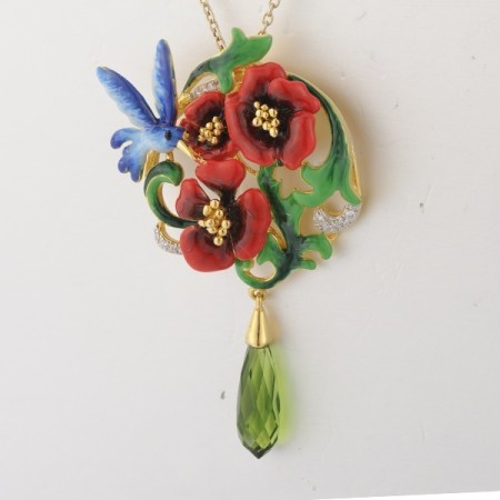 Sterling Silver w/ IONIC YELLOW PLATING Pendant Enamel,Green Glass,White Cubic Zirconia (P313872ENASP925)