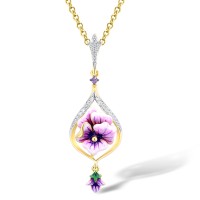 Sterling Silver w/ Yellow Black White Plating Pendant Enamel,White Cubic Zirconia,Amethyst Cubic Zirconia (P313936ENASZ925)