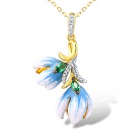 Sterling Silver w/ Yellow Black White Plating Pendant White Cubic Zirconia,Enamel,Green Spinel (P313943ENASZ925)