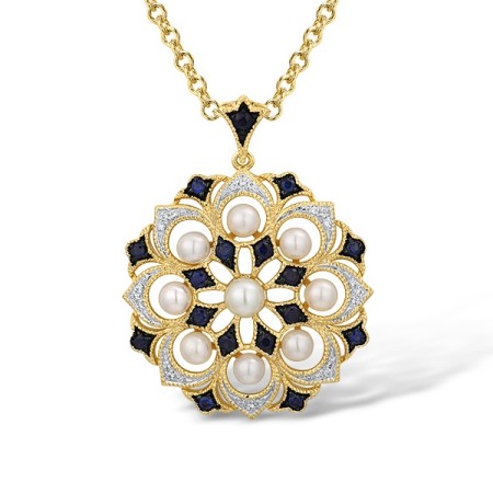 14KYWB Pendant Blue Sapphire,Diamond,Fresh Water White Pearl (P314205PSA14KYWB)