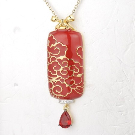 Sterling Silver w/ Yellow Black White Plating Pendant Enamel,Red Glass,White Cubic Zirconia (P314418ENASZ925)