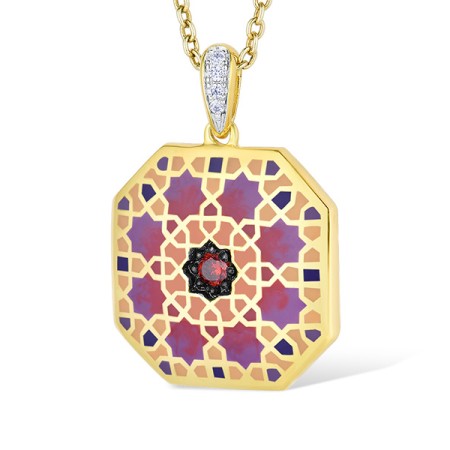 Sterling Silver w/ Yellow Black White Plating Pendant White Cubic Zirconia,Enamel,Garnet Cubic Zirconia (P314791ENASZ925)