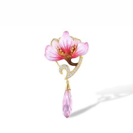 Sterling Silver w/ Yellow Plating Pendant Enamel,Pink Glass,White Cubic Zirconia (P314972ENA1SY925)