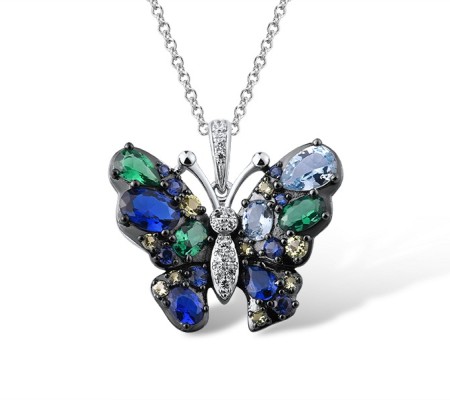 Sterling Silver w/ Black White Plating Pendant Blue Spinel,Created Sapphire,Green Nano Cubic Zirconia (Per,Green Spinel,White Cubic Zirconia (P315805MULSK925)