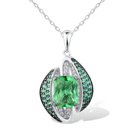 Sterling Silver w/ Black White Plating Pendant Green Glass,Green Spinel,White Cubic Zirconia (P316027GGNZSK925)