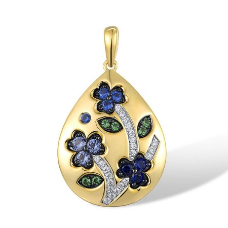 Sterling Silver w/ Yellow Black White Plating Pendant Blue Nano Cubic Zirconia,Blue Spinel,Green Spinel,White Cubic Zirconia (P316753MULSZ925)