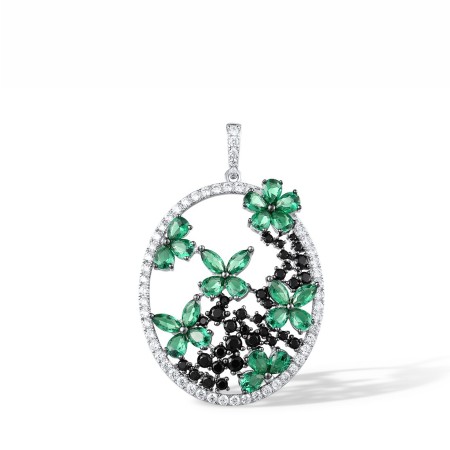Sterling Silver w/ Black White Plating Pendant Black spinel,Green Spinel,White Cubic Zirconia (P317177BGSZSK925)