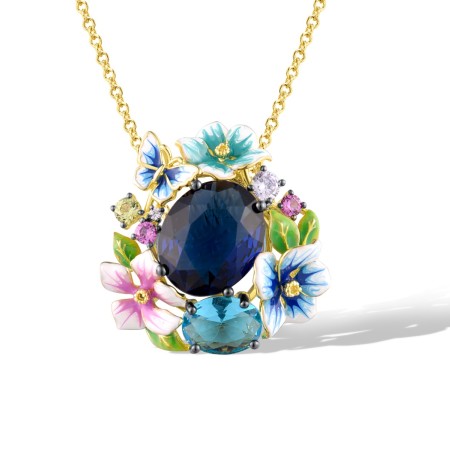 Sterling Silver w/ Yellow Black Plating Pendant Enamel,Green Nano Cubic Zirconia (Per,Blue Glass,Light Blue Cubic Zirconia,Created Pink Sapphire (P317435ENASC925)