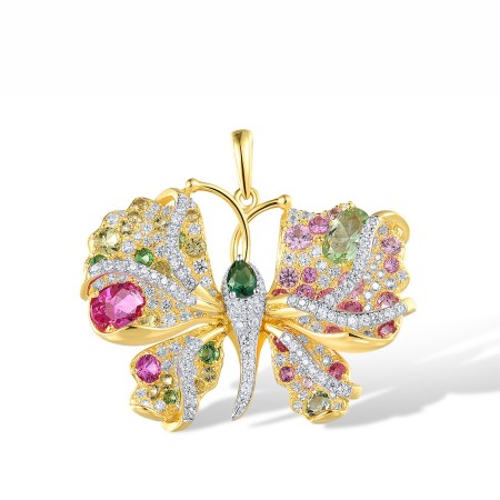 Sterling Silver w/ IONIC YELLOW PLATING Pendant Created Pink Sapphire,Green Nano Cubic Zirconia (Per,Green Spinel,White Cubic Zirconia (P318117MULSP925)