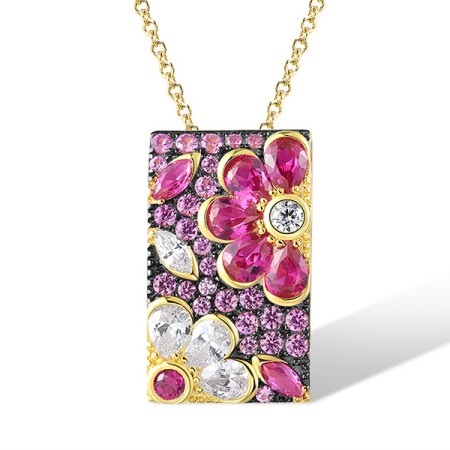 Sterling Silver w/ Yellow Black Plating Pendant Created Pink Sapphire,Created Ruby,White Cubic Zirconia (P318234CPRZSC925)