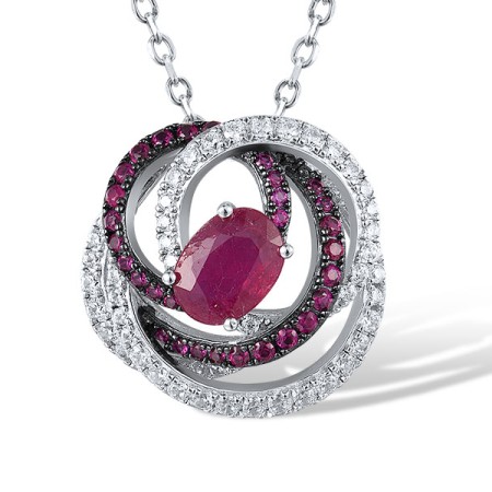 Sterling Silver w/ Black White Plating Pendant White Cubic Zirconia,Created Ruby,Natural Glass Filled Ruby (P318238RRFZSK925)