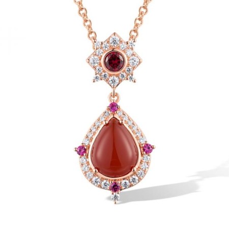 Sterling Silver w/ Rose Plating Pendant Created Ruby,Dyed Red Agate,White Cubic Zirconia (P318669RARZSR925)