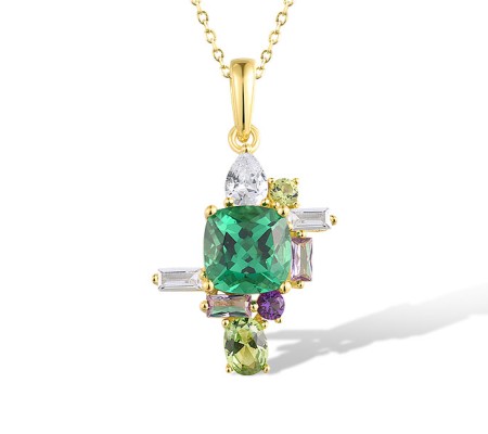 Sterling Silver w/ Yellow Plating Pendant White Cubic Zirconia,Created Purple Nano Spinel,Green Spinel (P318730GSSZSY925)