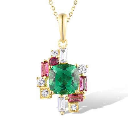 Sterling Silver w/ Yellow Plating Pendant Green Spinel,Red Nano Crystal,White Cubic Zirconia,Created Ruby (P318731MULSY925)