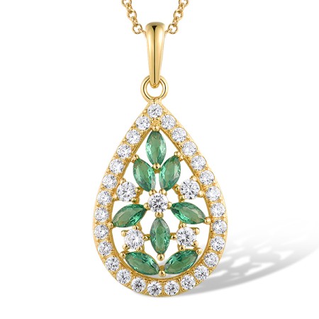 Sterling Silver w/ Yellow Plating Pendant White Cubic Zirconia,Green Spinel (P318877GSZSY925)
