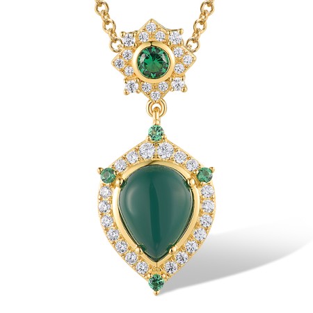 Sterling Silver w/ Yellow Plating Pendant White Cubic Zirconia,Dyed Green Agate,Green Spinel (P319021GSGZSY925)