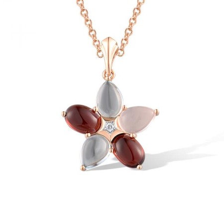 14KR Pendant Blue Topaz (Sky Blue),Diamond,Garnet,Pink Quartz without chain (P319117BGPQ14KR)