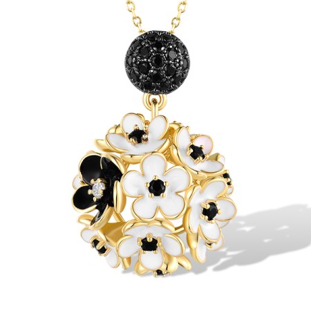 Sterling Silver w/ Yellow Black Plating Pendant Black spinel,Enamel,White Cubic Zirconia without chain (P319173ENASC925)