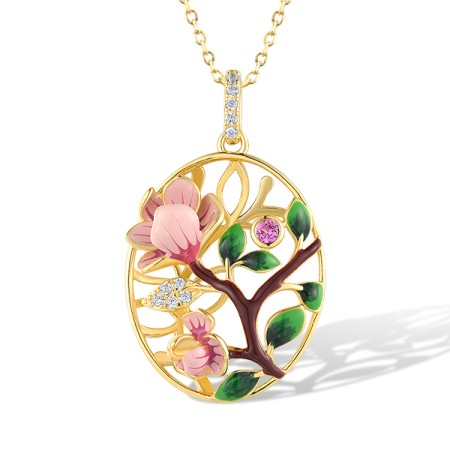 Sterling Silver w/ Yellow Plating Pendant Created Pink Sapphire,Enamel,White Cubic Zirconia (P320020ENASY925)