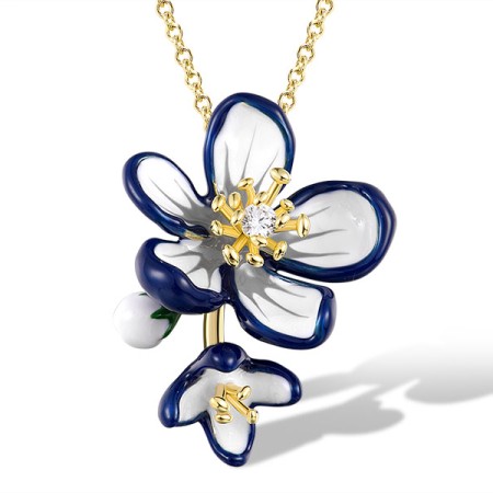 Sterling Silver w/ Yellow Plating Pendant Enamel,White Cubic Zirconia without chain (P320024ENASY925)