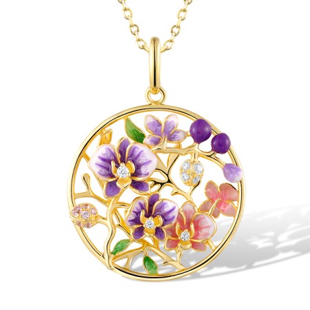 Sterling Silver w/ Yellow Plating Pendant Created Pink Sapphire,Enamel,White Cubic Zirconia (P320212ENASY925)