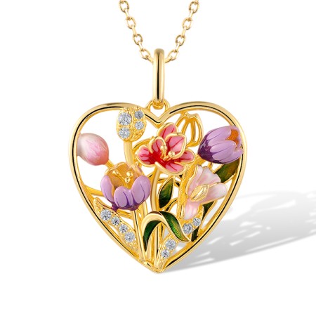 Sterling Silver w/ Yellow Plating Pendant Enamel,White Cubic Zirconia without chain (P320214ENASY925)