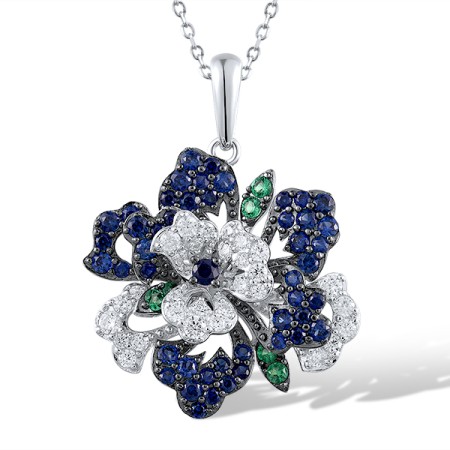 Sterling Silver w/ Black White Plating Pendant Created Sapphire,Synthetic Green Spinel,White Cubic Zirconia without chain (P320958CSGZSK925)