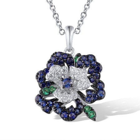 Sterling Silver w/ Black White Plating Pendant Created Sapphire,Synthetic Green Spinel,White Cubic Zirconia without chain (P321355CSGZSK925)