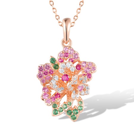Sterling Silver w/ Rose Plating Pendant Created Pink Sapphire,Created Ruby,Synthetic Green Spinel,White Cubic Zirconia without chain (P321358MULSR925)